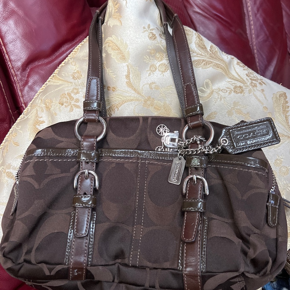 Coach Purse Bag Brown Soho Signature Double Zip Satchel Handbag Purse
